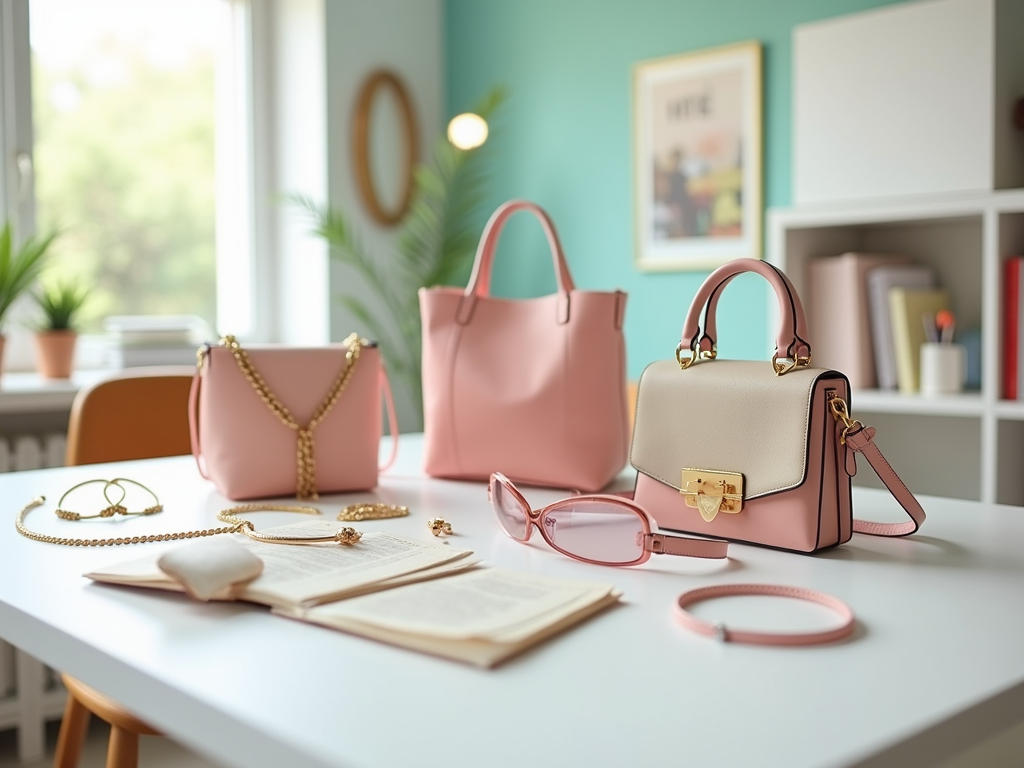 Three stylish handbags and fashion accessories on a table in a bright, cozy room.