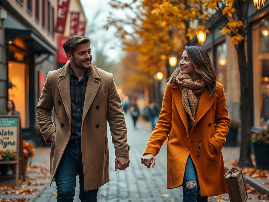 A couple walks hand in hand down a charming, autumnal street, surrounded by vibrant leaves and cozy shops.