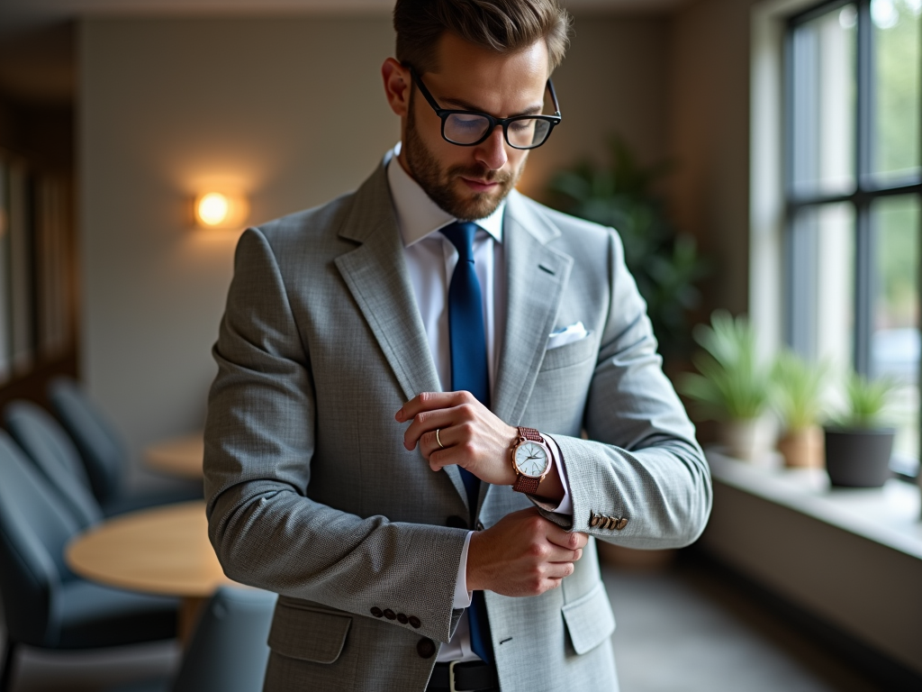 Businessman in a suit adjusting his watch in a stylish office.