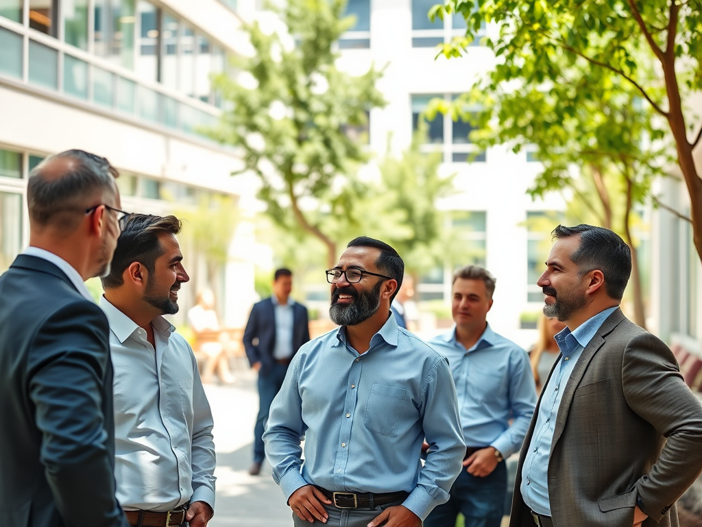 A group of five men in casual business attire converses outdoors in a bright, modern courtyard.