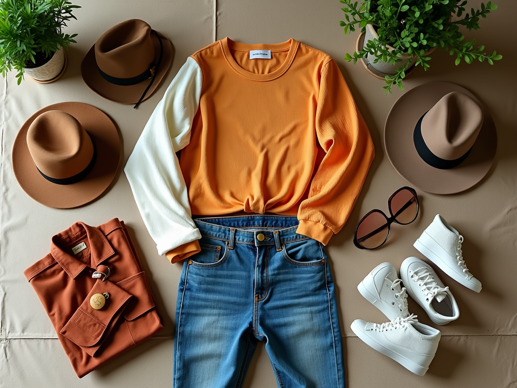 Flat lay of stylish outfit with jeans, orange sweatshirt, hats, shoes, a jacket, glasses, and plants.