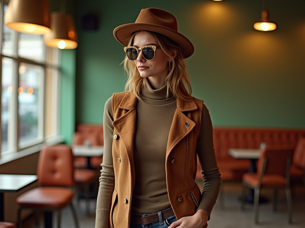 Stylish woman in a brown hat and coat, posing in a cafe with chic decor.