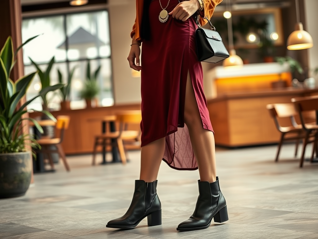 A woman wears a burgundy dress with a high slit and black ankle boots, standing in a modern cafe setting.