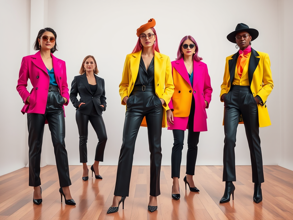 Five stylish women in colorful blazers and sleek pants pose confidently, showcasing modern fashion trends.