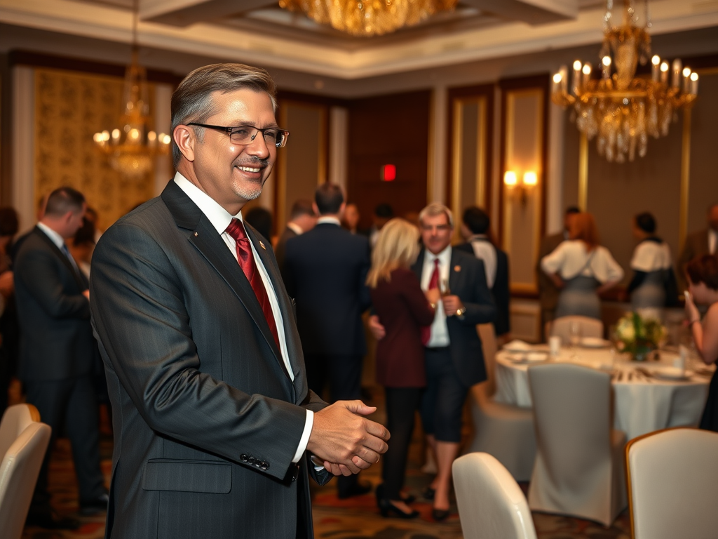 A smiling man in a suit stands in a banquet hall, surrounded by guests mingling in an elegant setting.