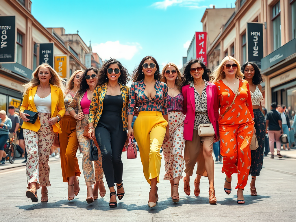 A group of nine women in vibrant outfits walking confidently down a sunny street, enjoying a day out.