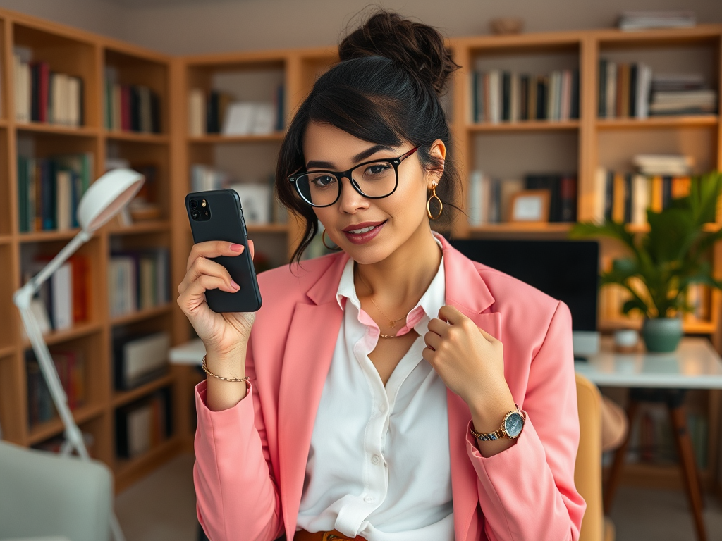 A smiling woman in a pink blazer holds a smartphone in her hand, sitting in a stylish office with bookshelves.