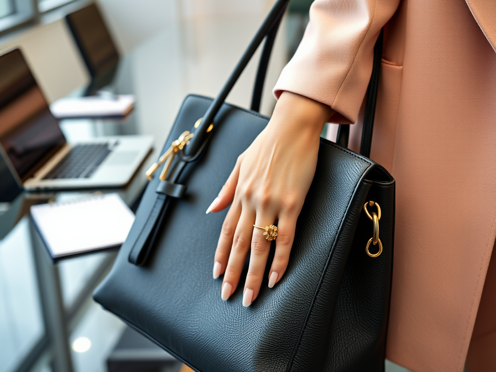 A woman's hand holding a stylish black bag, wearing a gold ring, with a laptop and notebook in the background.