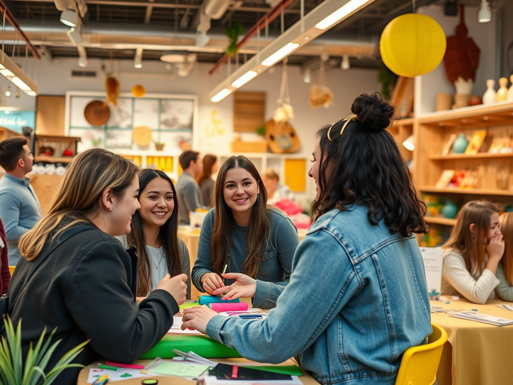 A group of smiling friends engaged in a creative activity at a bright and colorful workspace.