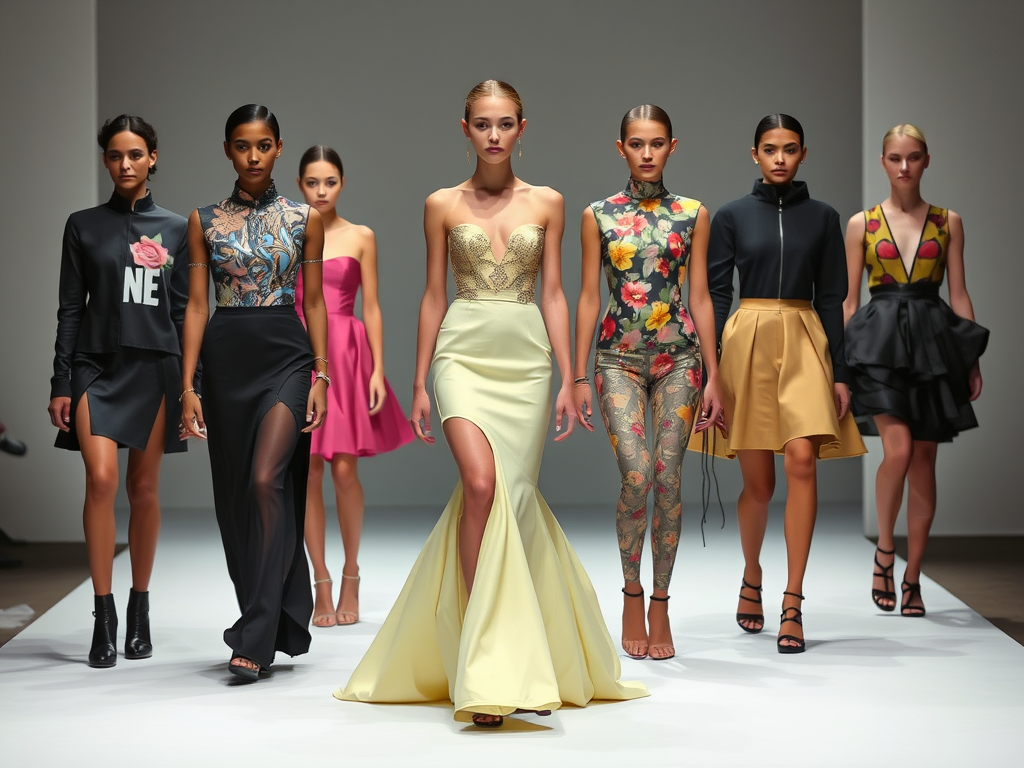 Eight models showcase vibrant, diverse fashion designs on a runway with bold patterns and elegant silhouettes.