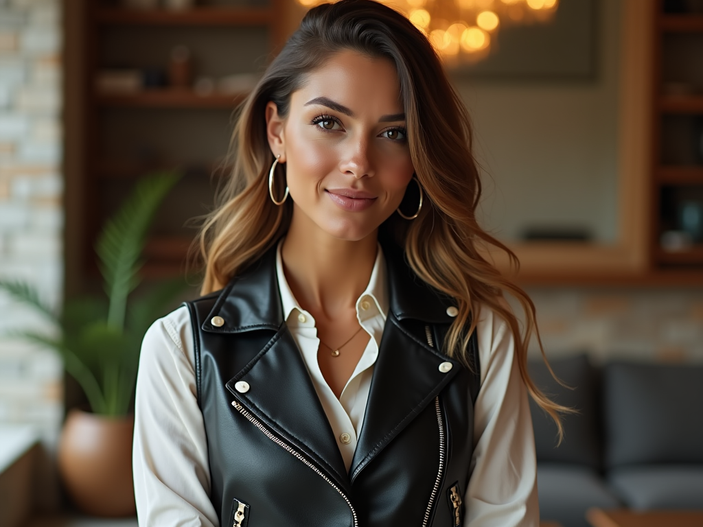 A smiling woman wearing a black and white leather jacket, indoors with soft lighting.