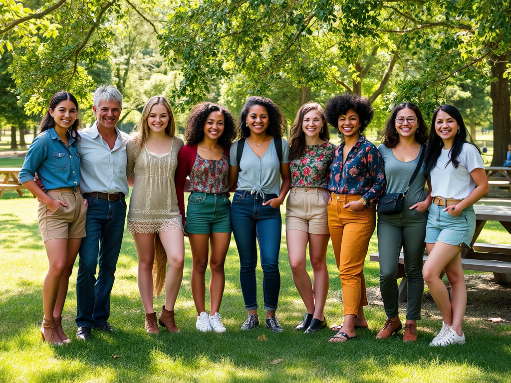 A group of ten people smiles together outdoors, wearing casual outfits, with trees and picnic tables in the background.