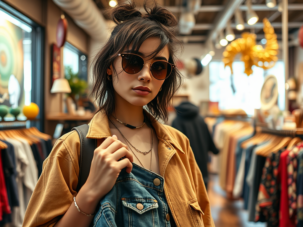 A young woman in sunglasses stands in a clothing store, wearing a denim outfit with a yellow jacket.