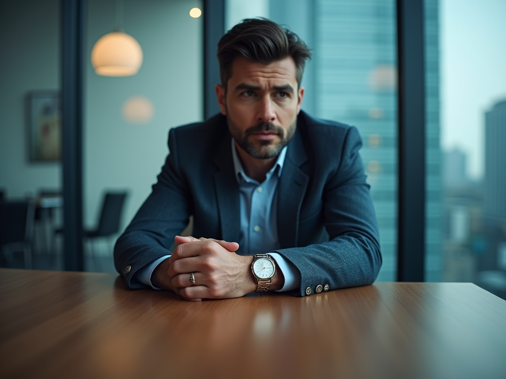 Serious man in suit sitting at table with hands clasped in modern office.