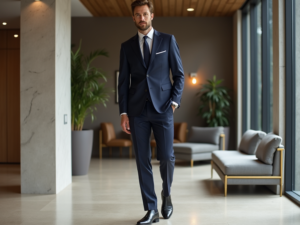 Confident businessman in a blue suit walking in a modern office lobby.