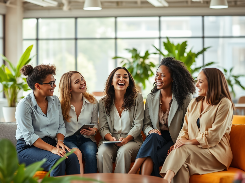 A group of five women laughing and chatting together in a bright, green-filled office space.