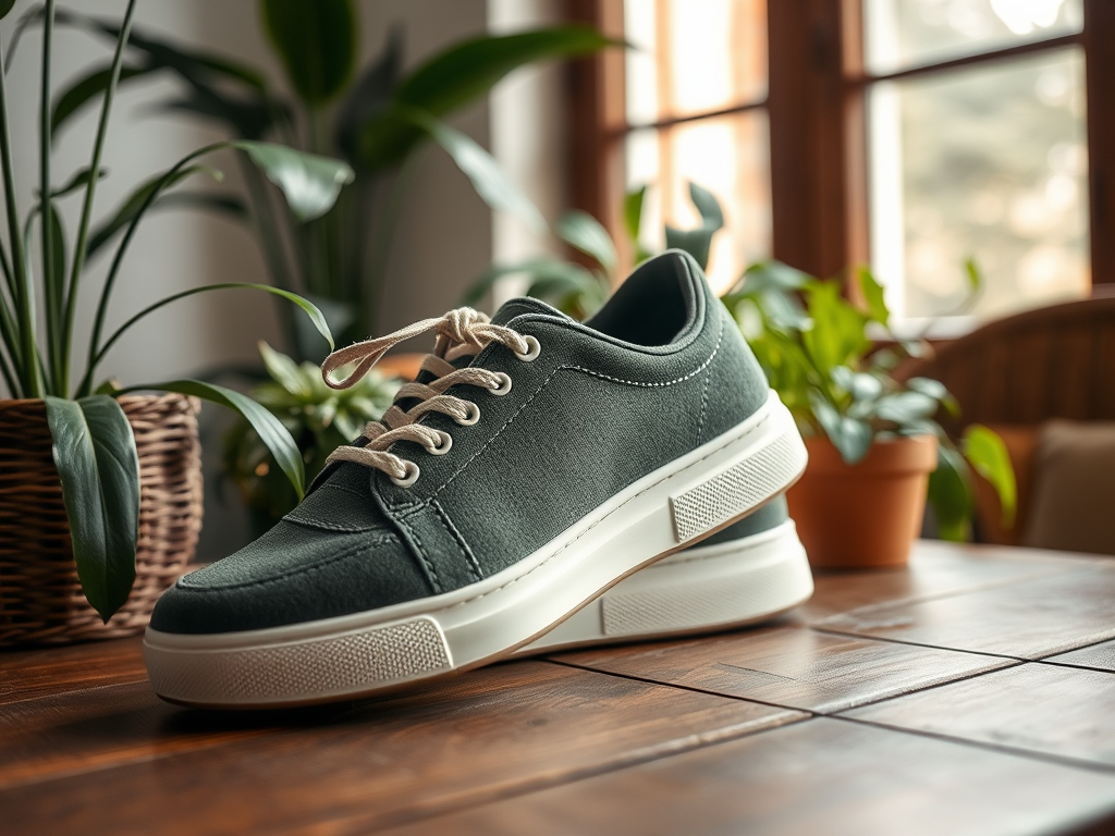 A stylish green sneaker with beige laces placed on a wooden surface, surrounded by indoor plants.