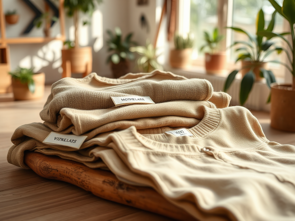 A stack of beige sweaters with tags on a wooden surface, surrounded by indoor plants and soft sunlight.