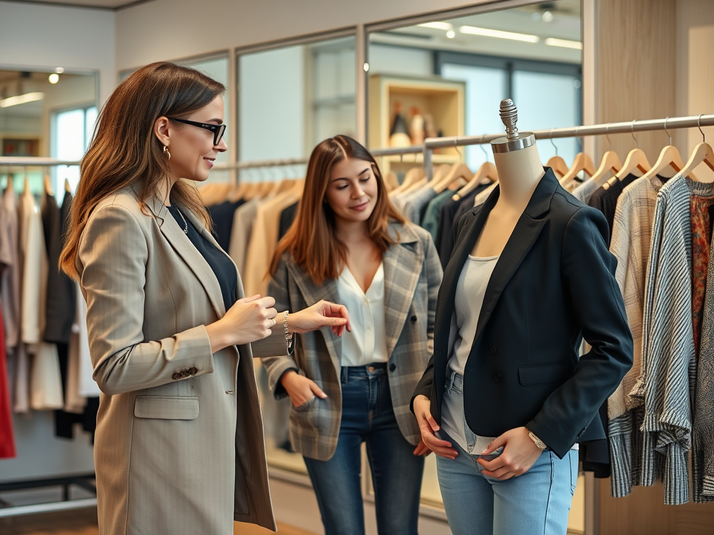 Two women are shopping in a boutique, discussing a blazer displayed on a mannequin. Stylish clothing is on hangers.