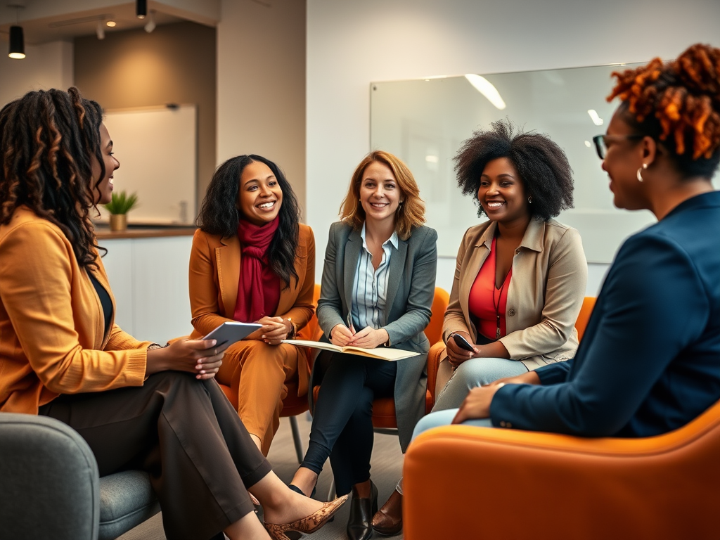 A group of five women engaged in a lively discussion in a modern office setting, smiling and sharing ideas.