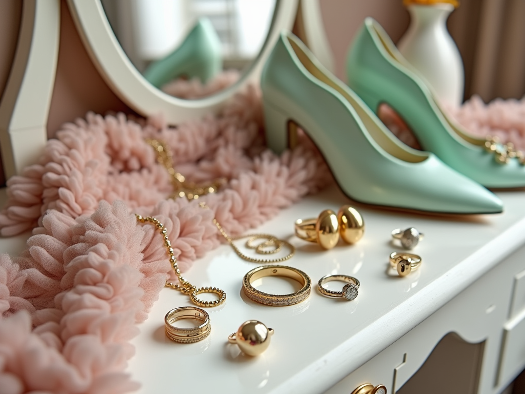 Elegant mint green high heels with assorted gold jewelry on a white dresser, reflected in a mirror.