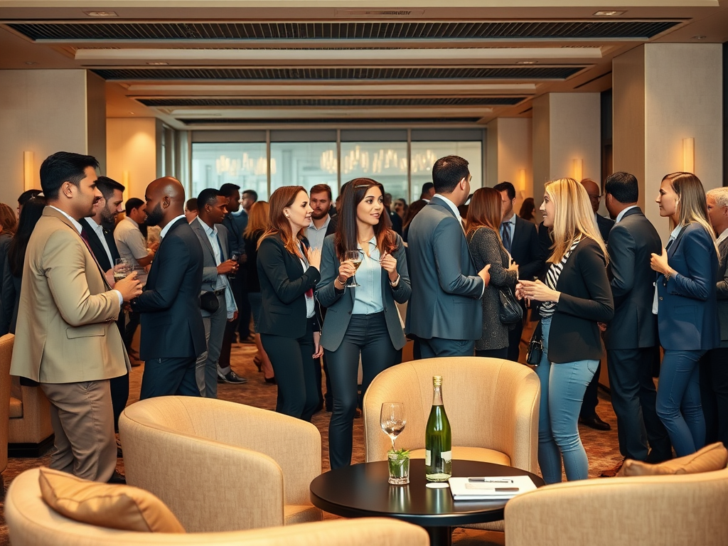 A group of professionals mingles at a social event, enjoying drinks and engaging in conversation in a stylish setting.