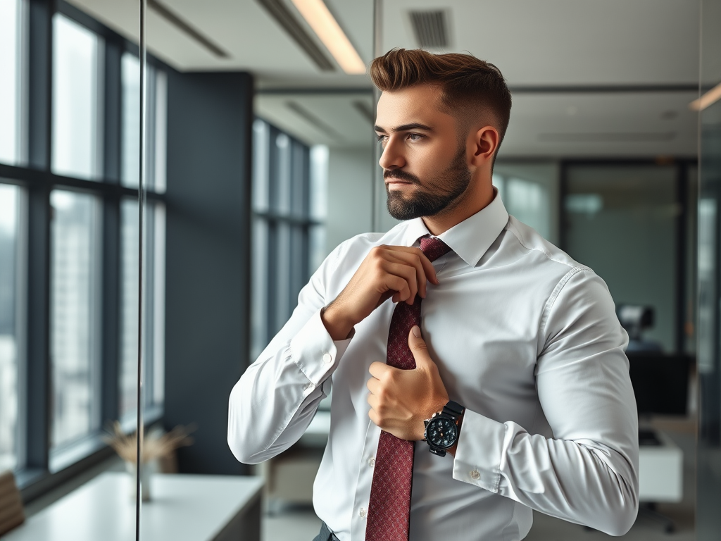 A well-dressed man adjusts his tie while looking thoughtfully out of a modern office window.