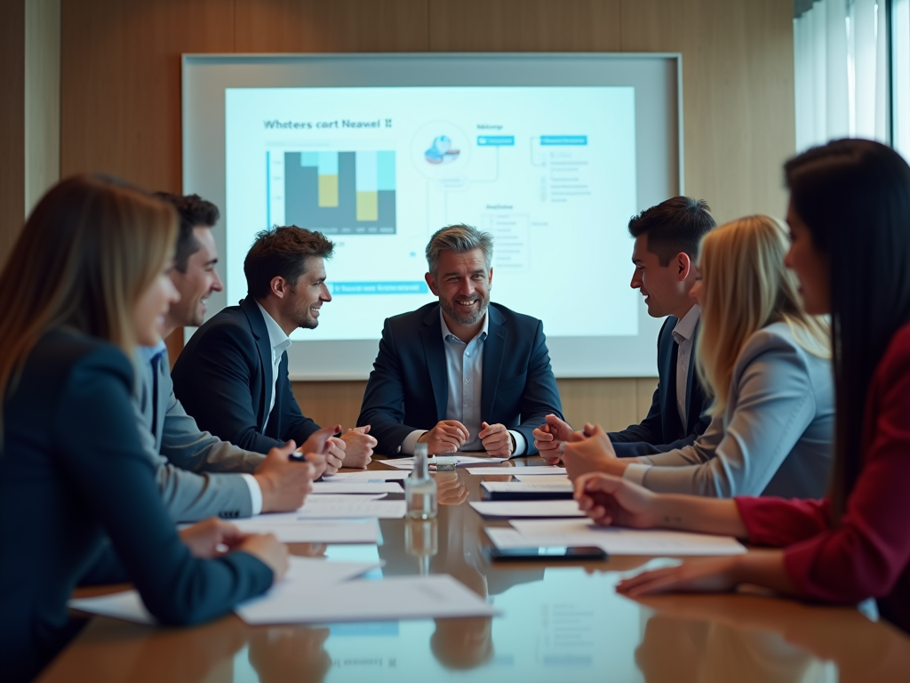 Business team having a meeting around a conference table with a presentation in the background.