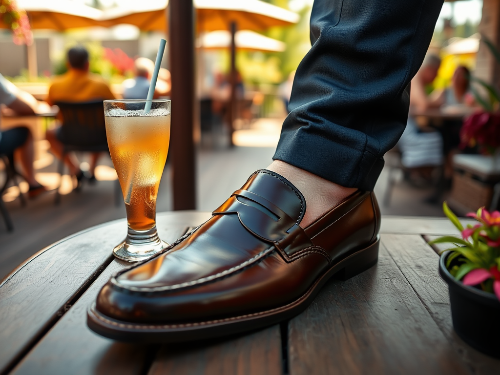 A polished shoe rests on a table next to a tall glass of iced drink in an outdoor dining setting.