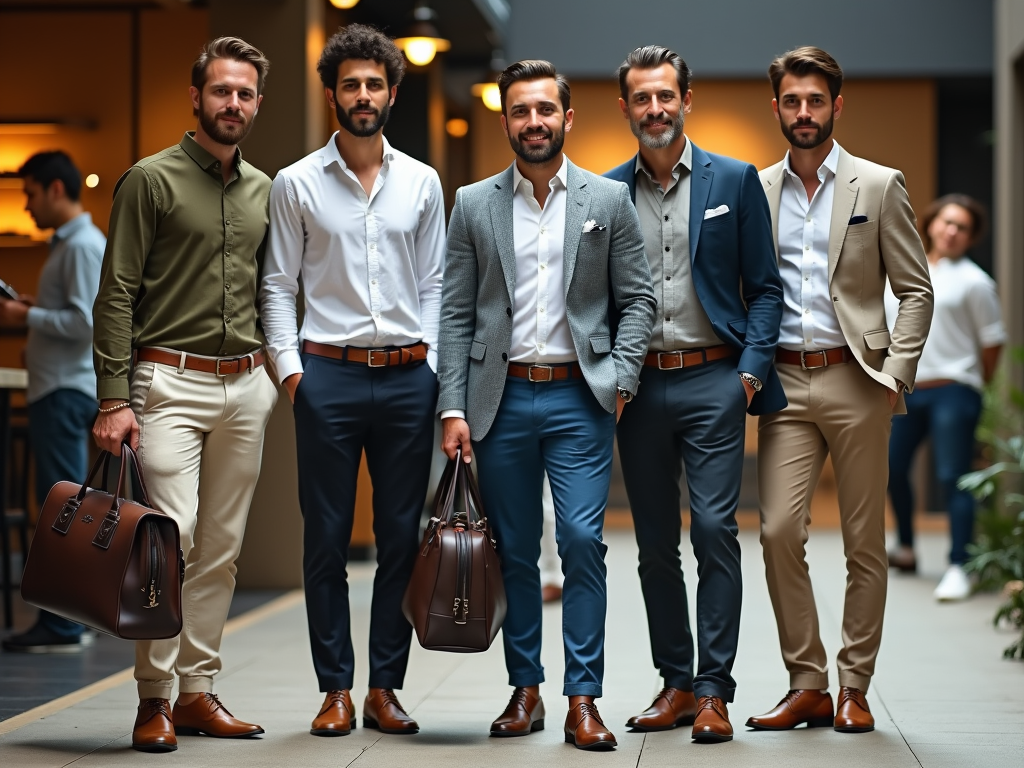 Five men in stylish outfits standing confidently in an urban setting, some holding leather bags.