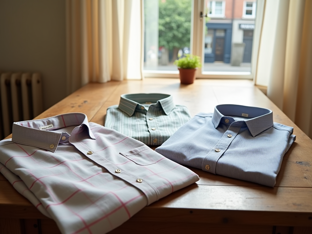 Three dress shirts on a table by a window, overlooking a street.