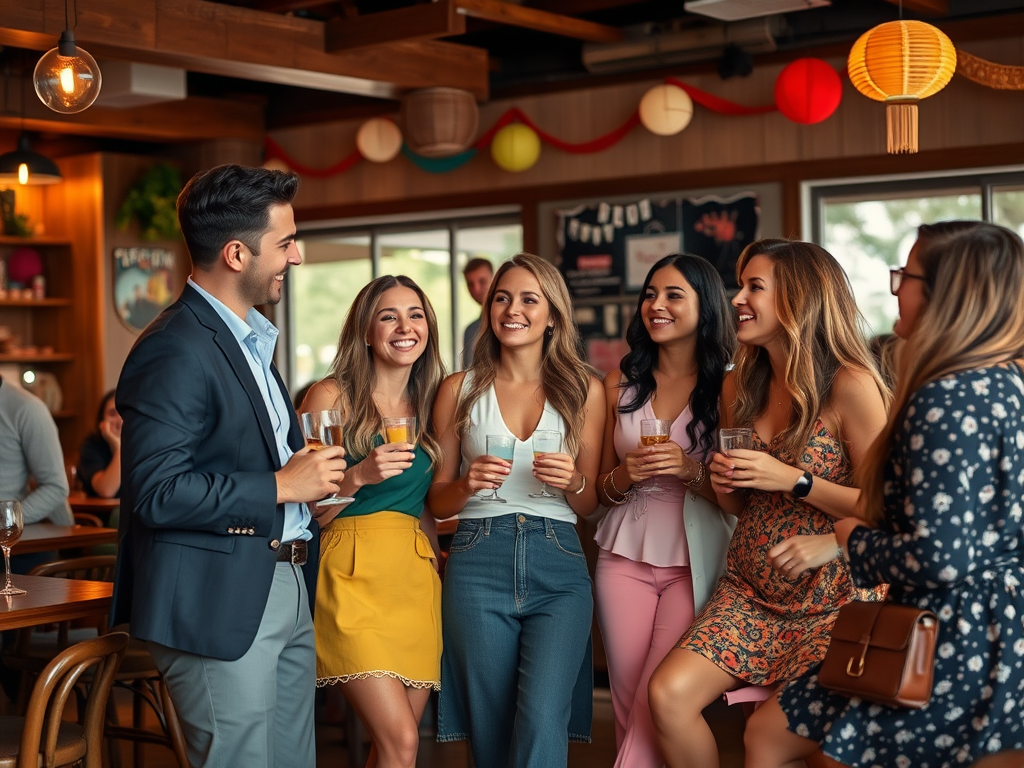 A group of six friends, laughing and enjoying drinks, socializing in a lively bar with colorful decorations.