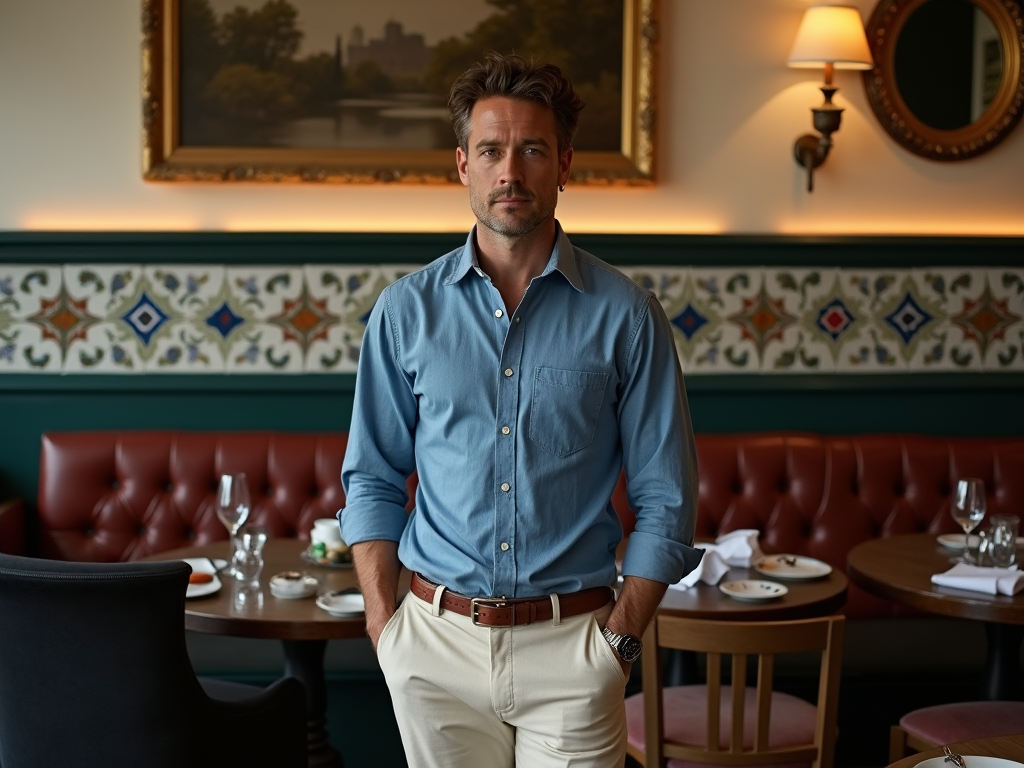 Man in blue shirt and beige pants standing confidently in an elegant restaurant.