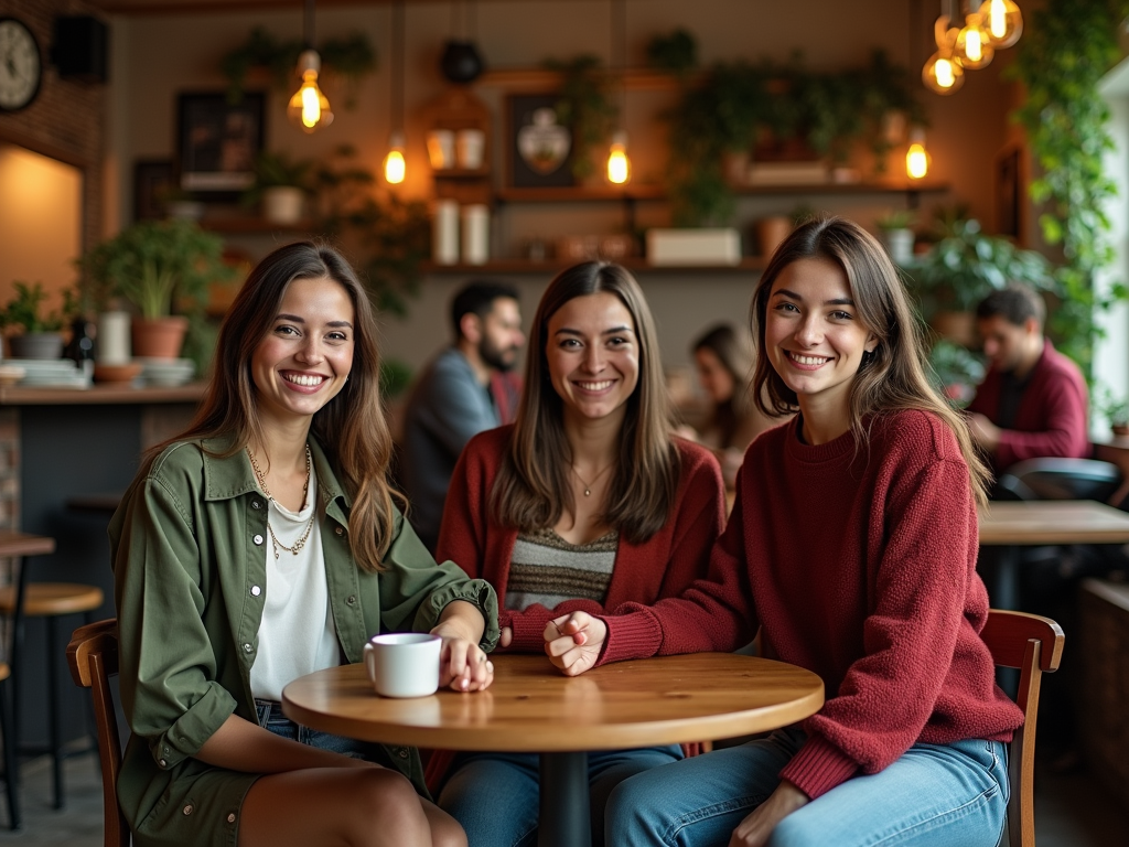 Three young women smiling at a table in a cozy cafe, with other patrons in the background.