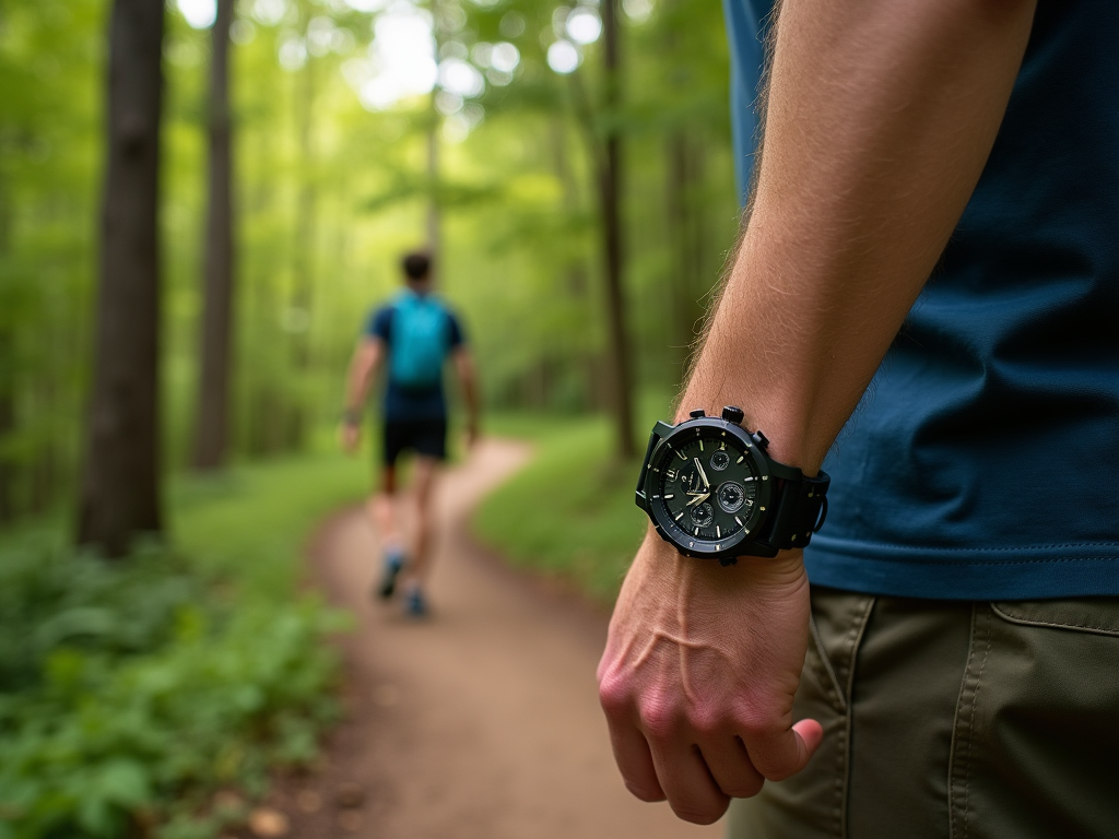 Close-up of a wrist wearing a black watch in a forest with a blurred jogger in the background.