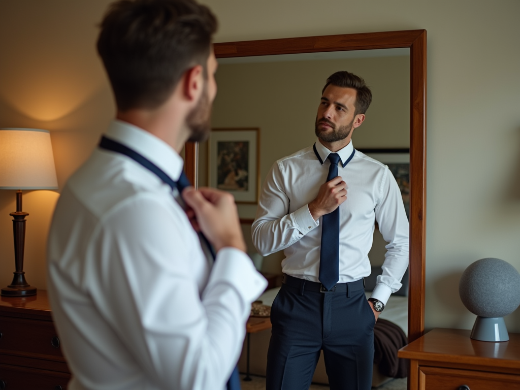 Man in a white shirt and blue tie adjusting his necktie in front of a mirror in a well-lit room.