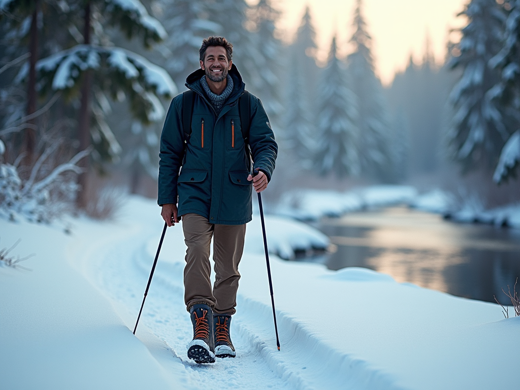 Man hiking in snow with poles near forest and river, smiling, wearing winter clothing.