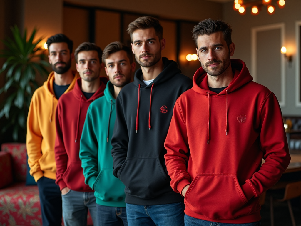 Five men in a row wearing colorful hoodies, casually posing in an indoor setting.