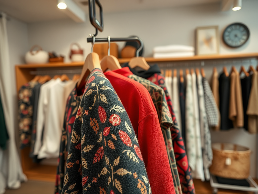 A rack of colorful clothing featuring floral patterns, with various tops displayed in a stylish boutique setting.