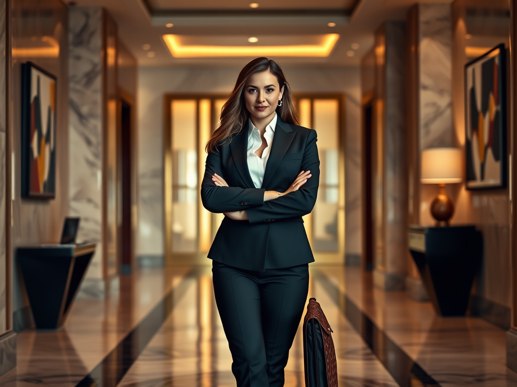 A confident woman in a tailored suit stands with arms crossed in a modern office hallway, exuding professionalism.