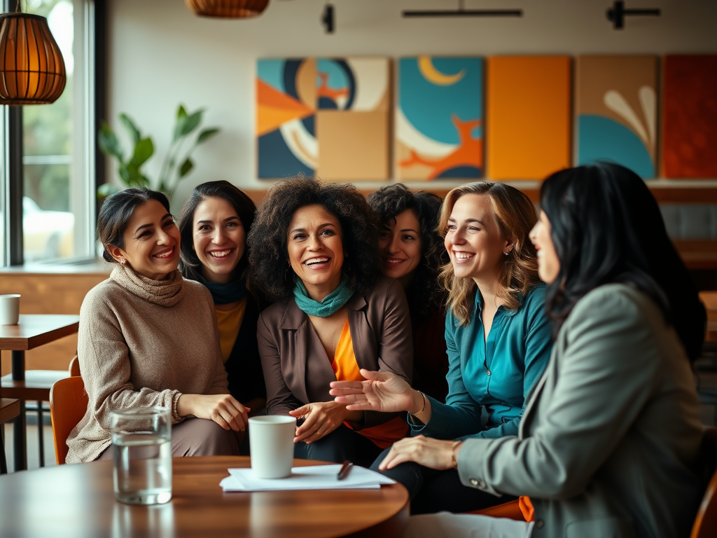 A group of six women smiling and talking together in a cozy café setting, surrounded by warm decor.