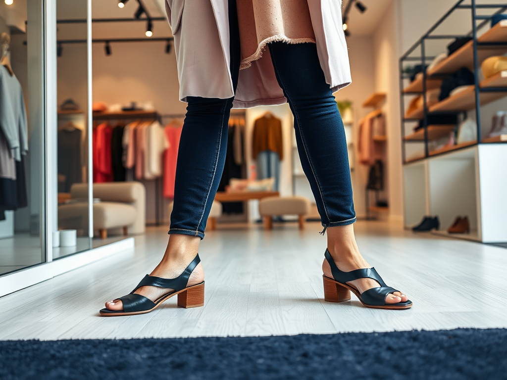 A person wears black heeled sandals, paired with dark jeans, in a chic clothing store with various outfits displayed.