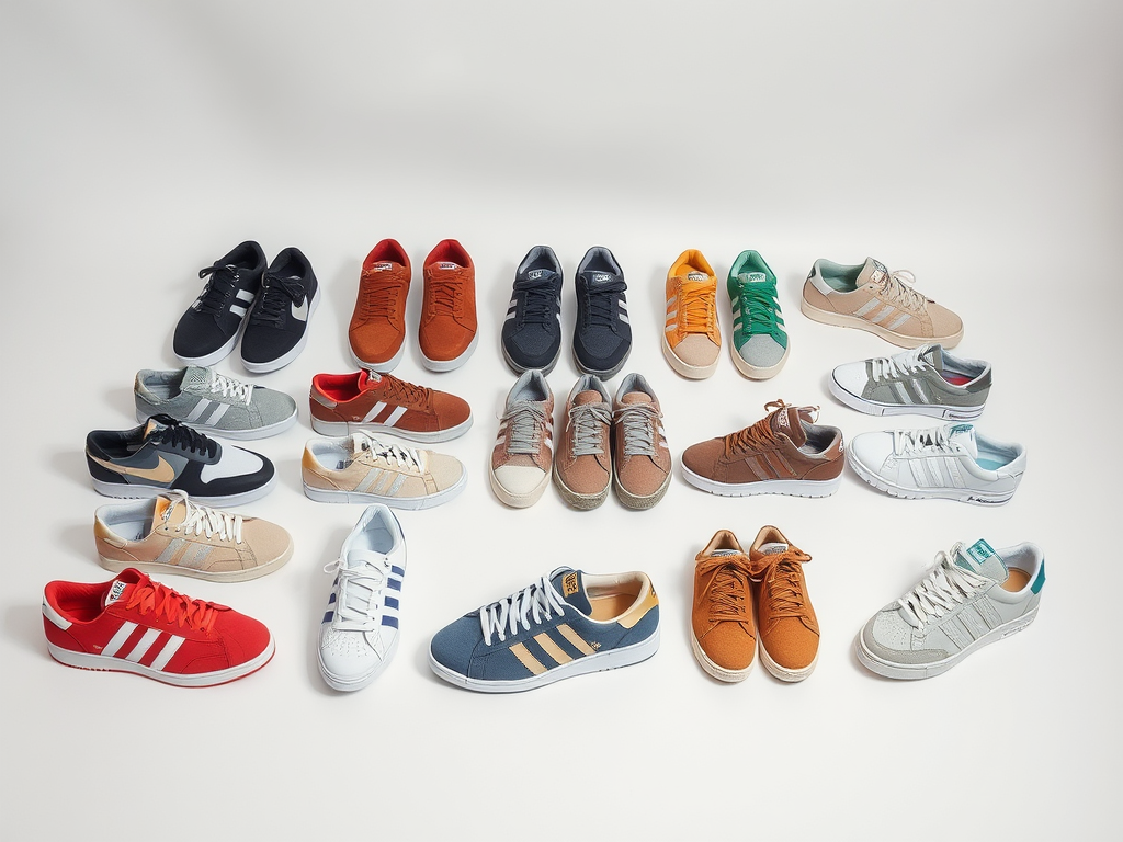 An arrangement of various sneakers in different colors and styles, displayed on a white background.
