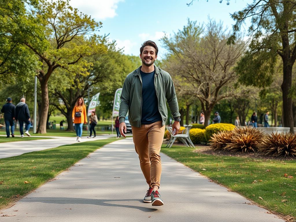 A smiling man in casual attire walks down a tree-lined path, surrounded by people enjoying the park.
