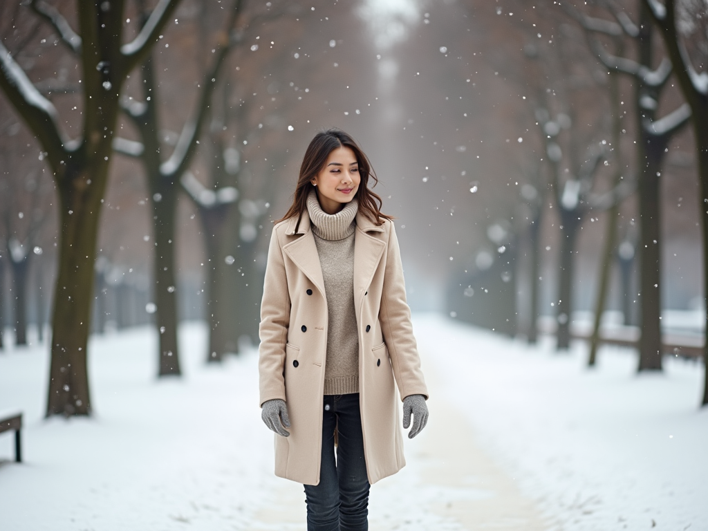 Woman walking in snow-covered park, wearing a beige coat, turtleneck, and gloves. Snowflakes falling gently.