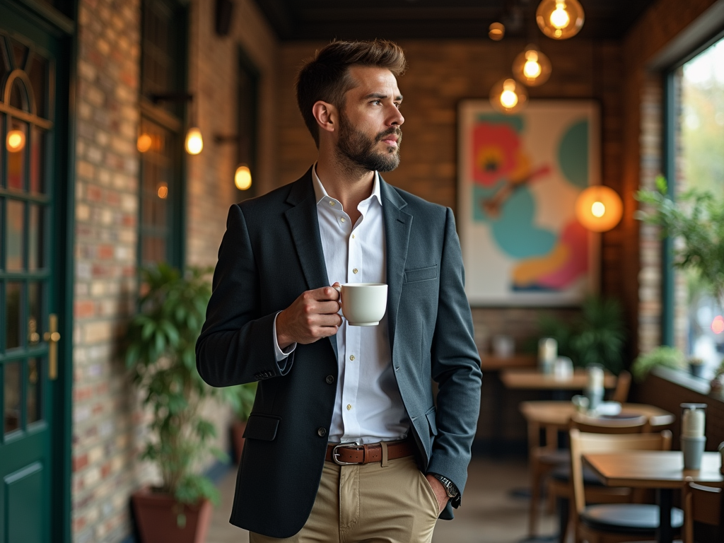 Man in a suit holding a coffee cup, looking away thoughtfully in a stylish café.