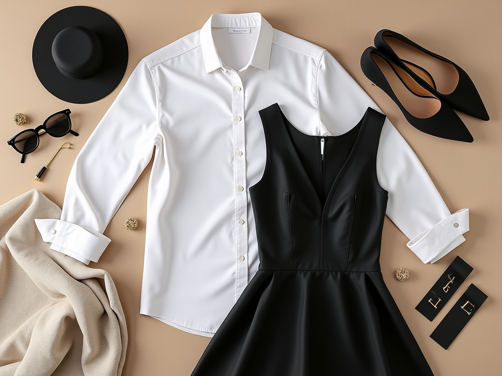 Flat lay of chic outfit: black dress, white shirt, heels, hat, and accessories on beige background.