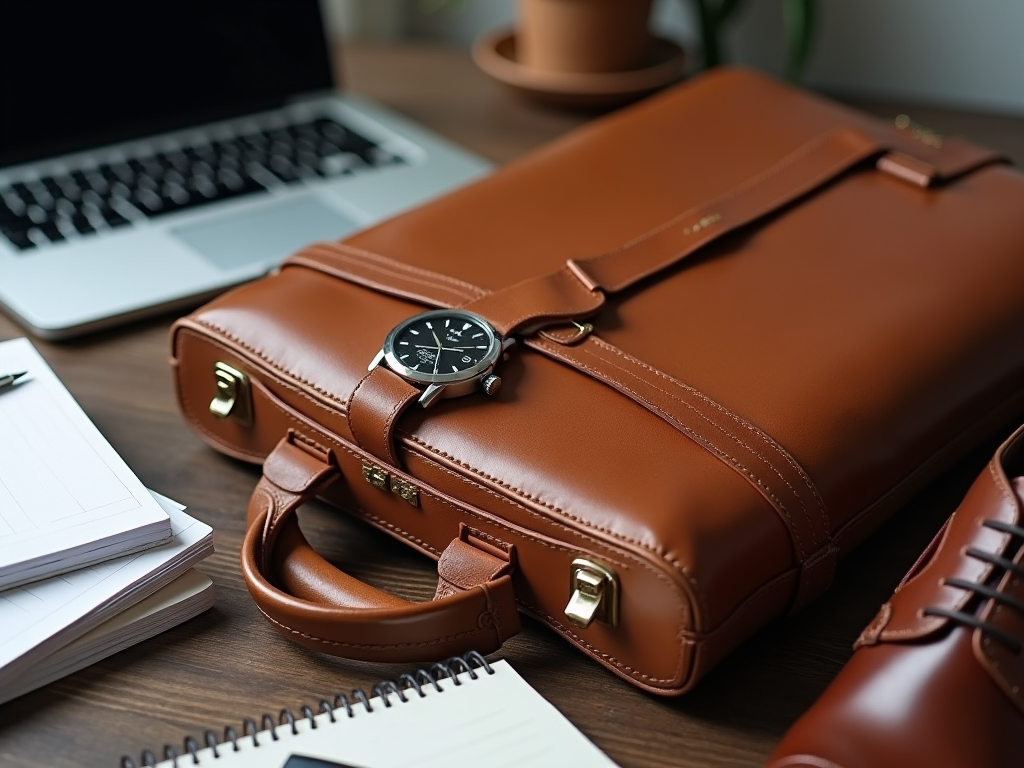 A brown leather briefcase and wristwatch on a desk, accompanied by a laptop and notebook.