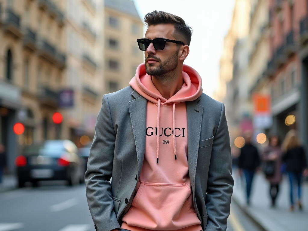 Stylish man in sunglasses wearing a pink hoodie and grey blazer on a city street.